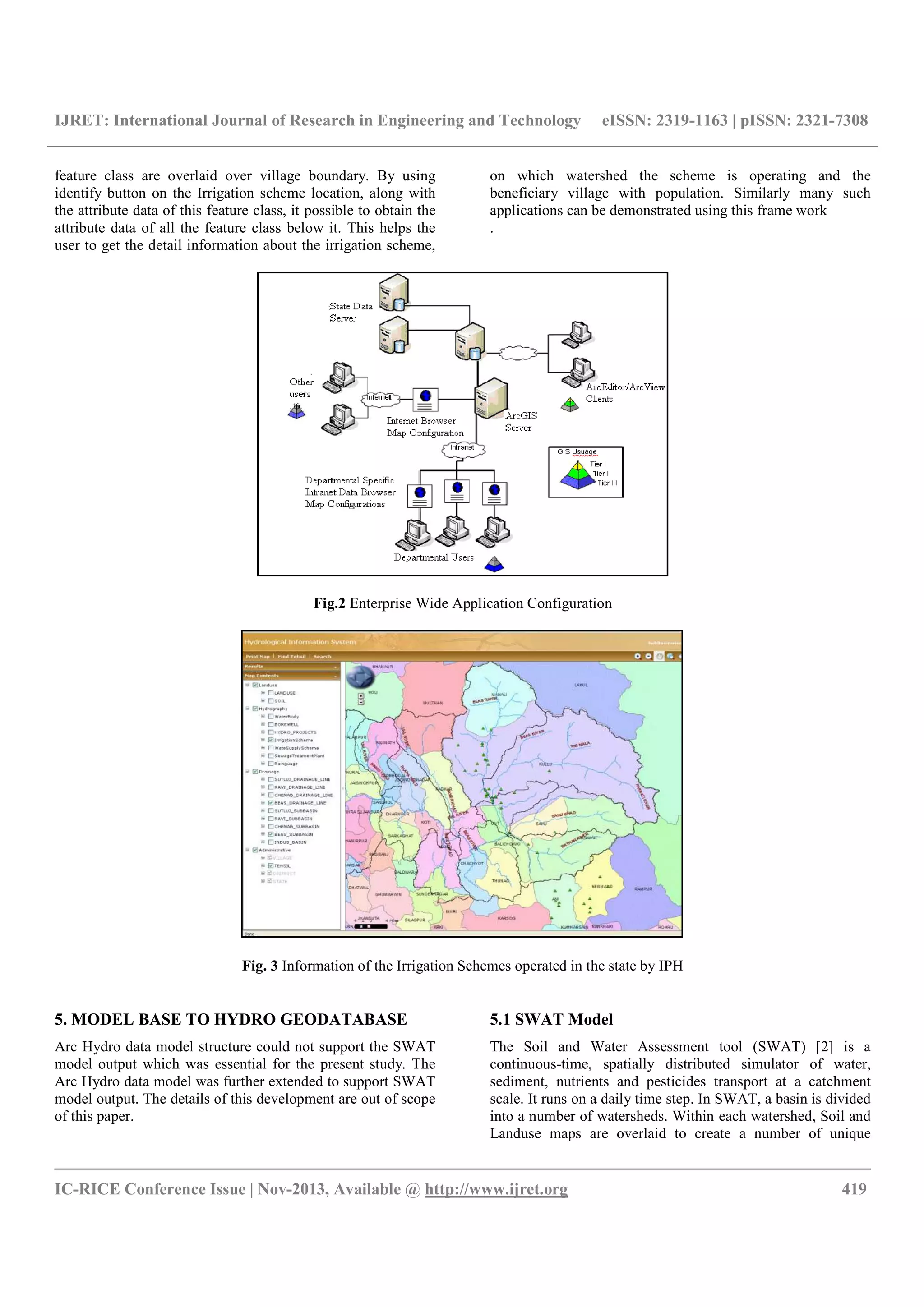 IJRET: International Journal of Research in Engineering and Technology eISSN: 2319-1163 | pISSN: 2321-7308
__________________________________________________________________________________________
IC-RICE Conference Issue | Nov-2013, Available @ http://www.ijret.org 419
feature class are overlaid over village boundary. By using
identify button on the Irrigation scheme location, along with
the attribute data of this feature class, it possible to obtain the
attribute data of all the feature class below it. This helps the
user to get the detail information about the irrigation scheme,
on which watershed the scheme is operating and the
beneficiary village with population. Similarly many such
applications can be demonstrated using this frame work
.
Fig.2 Enterprise Wide Application Configuration
Fig. 3 Information of the Irrigation Schemes operated in the state by IPH
5. MODEL BASE TO HYDRO GEODATABASE
Arc Hydro data model structure could not support the SWAT
model output which was essential for the present study. The
Arc Hydro data model was further extended to support SWAT
model output. The details of this development are out of scope
of this paper.
5.1 SWAT Model
The Soil and Water Assessment tool (SWAT) [2] is a
continuous-time, spatially distributed simulator of water,
sediment, nutrients and pesticides transport at a catchment
scale. It runs on a daily time step. In SWAT, a basin is divided
into a number of watersheds. Within each watershed, Soil and
Landuse maps are overlaid to create a number of unique
 