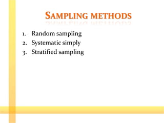 SAMPLING METHODS
1. Random sampling
2. Systematic simply
3. Stratified sampling
 