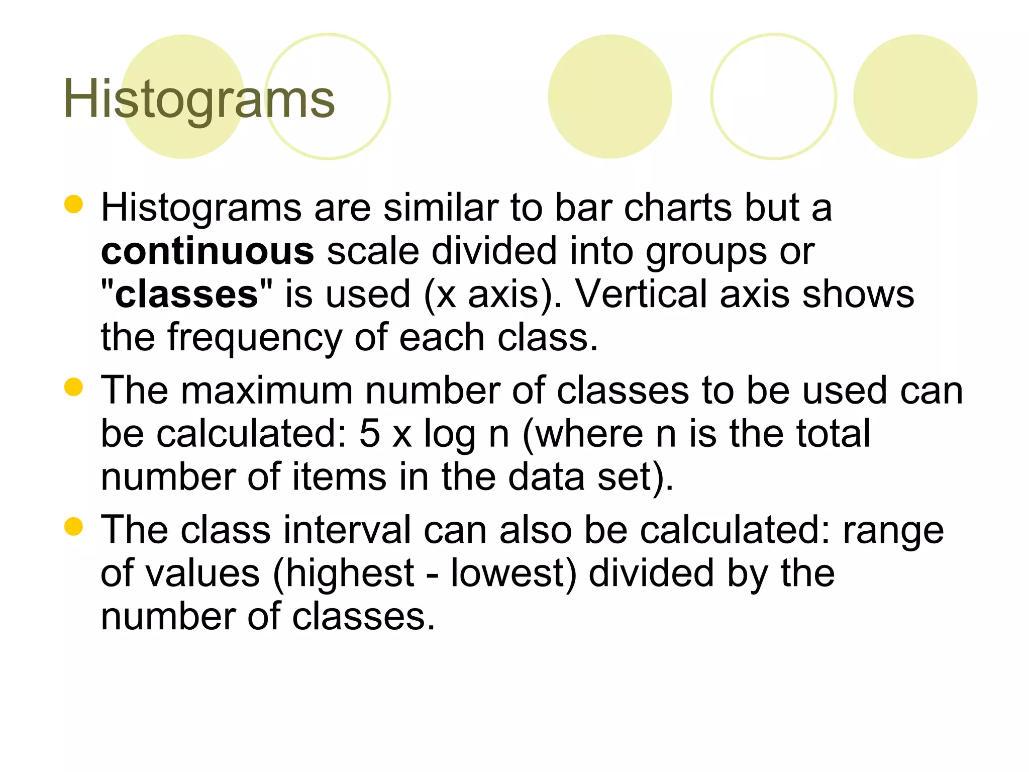 Histograms Histograms are similar to bar charts but a  continuous  scale divided into groups or " classes " is used (x axis). Vertical axis shows the frequency of each class.  The maximum number of classes to be used can be calculated: 5 x log n (where n is the total number of items in the data set).  The class interval can also be calculated: range of values (highest - lowest) divided by the number of classes. 