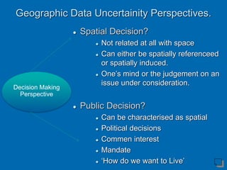  Spatial Decision?
 Not related at all with space
 Can either be spatially referenceed
or spatially induced.
 One’s mind or the judgement on an
issue under consideration.
 Public Decision?
 Can be characterised as spatial
 Political decisions
 Commen interest
 Mandate
 ‘How do we want to Live’
Decision Making
Perspective
Geographic Data Uncertainity Perspectives.
 