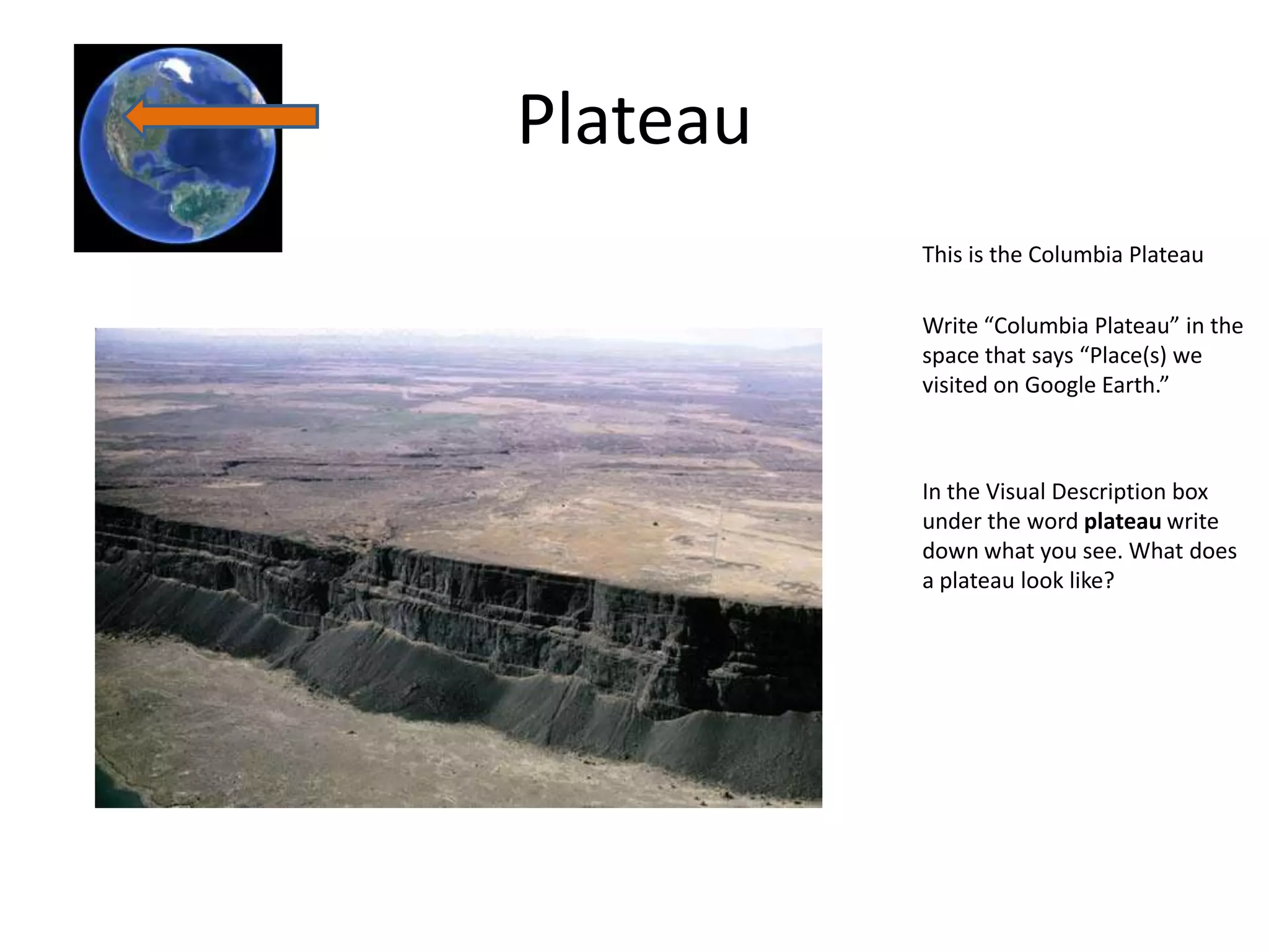 Plateau
          This is the Columbia Plateau

          Write “Columbia Plateau” in the
          space that says “Place(s) we
          visited on Google Earth.”



          In the Visual Description box
          under the word plateau write
          down what you see. What does
          a plateau look like?
 