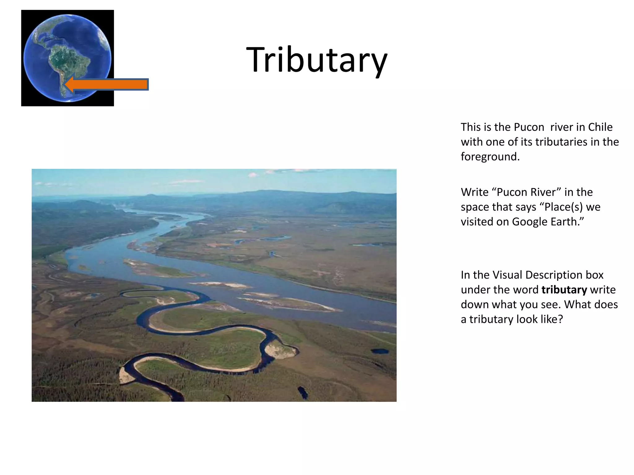 Tributary
            This is the Pucon river in Chile
            with one of its tributaries in the
            foreground.

            Write “Pucon River” in the
            space that says “Place(s) we
            visited on Google Earth.”



            In the Visual Description box
            under the word tributary write
            down what you see. What does
            a tributary look like?
 