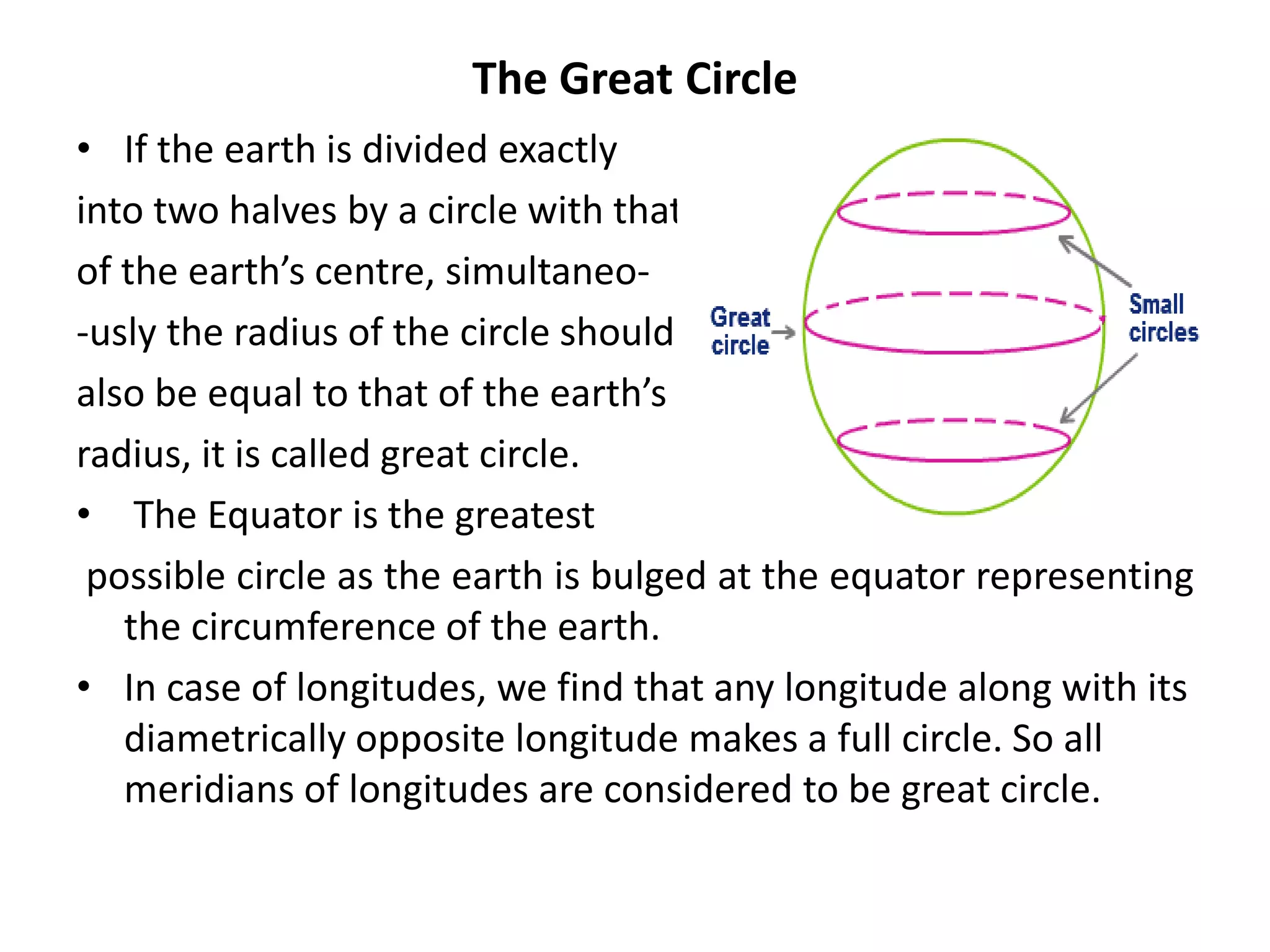 The Great Circle
• If the earth is divided exactly
into two halves by a circle with that
of the earth’s centre, simultaneo-
-usly the radius of the circle should
also be equal to that of the earth’s
radius, it is called great circle.
• The Equator is the greatest
possible circle as the earth is bulged at the equator representing
the circumference of the earth.
• In case of longitudes, we find that any longitude along with its
diametrically opposite longitude makes a full circle. So all
meridians of longitudes are considered to be great circle.
 