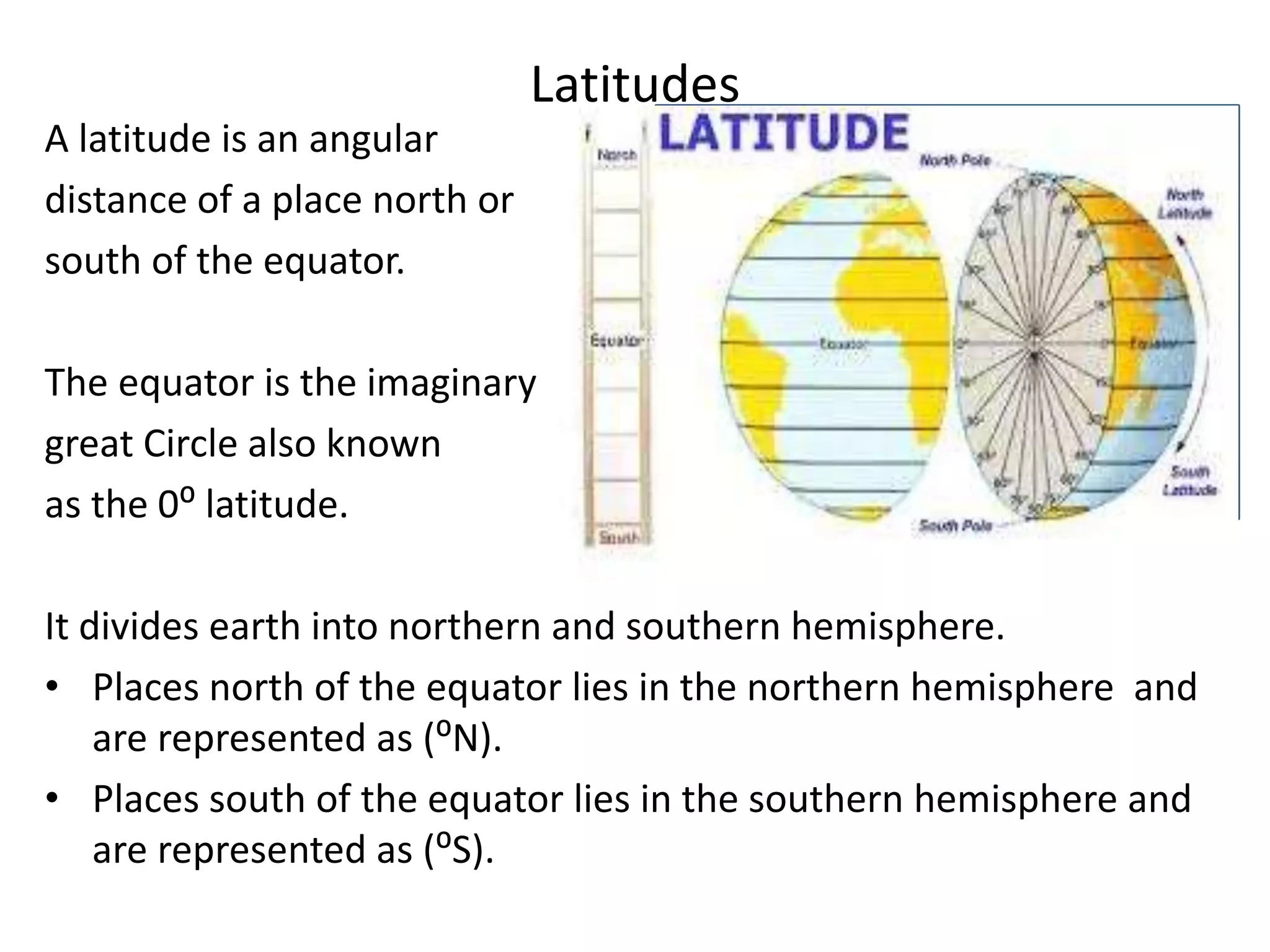 Latitudes
A latitude is an angular
distance of a place north or
south of the equator.
The equator is the imaginary
great Circle also known
as the 0⁰ latitude.
It divides earth into northern and southern hemisphere.
• Places north of the equator lies in the northern hemisphere and
are represented as (⁰N).
• Places south of the equator lies in the southern hemisphere and
are represented as (⁰S).
 