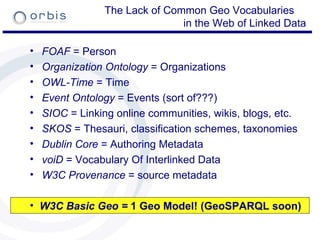 FOAF  = Person Organization Ontology  = Organizations OWL-Time  = Time Event Ontology  = Events (sort of???) SIOC  = Linking online communities, wikis, blogs, etc. SKOS  = Thesauri, classification schemes, taxonomies Dublin Core  = Authoring Metadata voiD  = Vocabulary Of Interlinked Data  W3C Provenance  = source metadata The Lack of Common Geo Vocabularies  in the Web of Linked Data W3C Basic Geo   =  1 Geo Model! (GeoSPARQL soon) 
