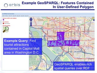 Example GeoSPARQL: Features Contained In User-Defined Polygon GeoSPARQL enables rich spatial queries over RDF Example Query : Find tourist attractions contained in Capitol Mall area in Washington D.C. 