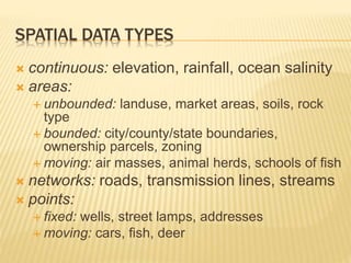 SPATIAL DATA TYPES
 continuous: elevation, rainfall, ocean salinity
 areas:
 unbounded: landuse, market areas, soils, rock
type
 bounded: city/county/state boundaries,
ownership parcels, zoning
 moving: air masses, animal herds, schools of fish
 networks: roads, transmission lines, streams
 points:
 fixed: wells, street lamps, addresses
 moving: cars, fish, deer
 