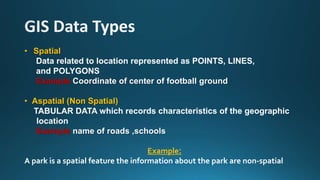 • Spatial
Data related to location represented as POINTS, LINES,
and POLYGONS
Example Coordinate of center of football ground
• Aspatial (Non Spatial)
TABULAR DATA which records characteristics of the geographic
location
Example name of roads ,schools
Example:
A park is a spatial feature the information about the park are non-spatial
 