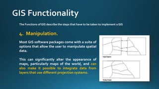 The Functions of GIS describe the steps that have to be taken to implement a GIS
4. Manipulation.
Most GIS software packages come with a suite of
options that allow the user to manipulate spatial
data.
This can significantly alter the appearance of
maps, particularly maps of the world, and can
also make it possible to integrate data from
layers that use different projection systems.
 