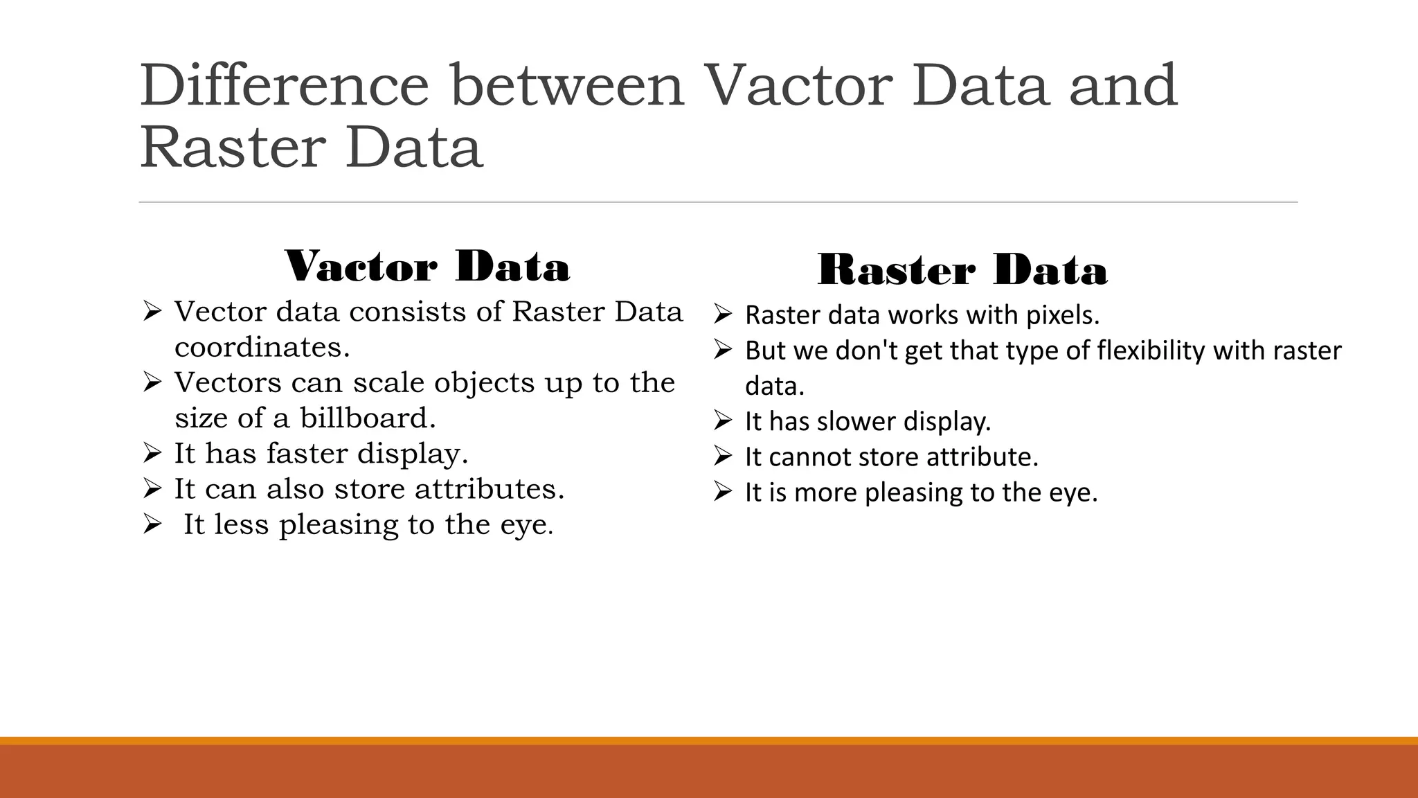Difference between Vactor Data and
Raster Data
Vactor Data
➢ Vector data consists of Raster Data
coordinates.
➢ Vectors can scale objects up to the
size of a billboard.
➢ It has faster display.
➢ It can also store attributes.
➢ It less pleasing to the eye.
Raster Data
➢ Raster data works with pixels.
➢ But we don't get that type of flexibility with raster
data.
➢ It has slower display.
➢ It cannot store attribute.
➢ It is more pleasing to the eye.
 