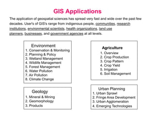 GIS Applications
The application of geospatial sciences has spread very fast and wide over the past few
decades. User's of GIS's range from indigenous people, communities, research
institutions, environmental scientists, health organizations, land use
planners, businesses, and government agencies at all levels.

Environment
1. Conservation & Monitoring
2. Planning & Policy
3. Wetland Management
4. Wildlife Management
5. Forest Management
6. Water Pollution
7. Air Pollution
8. Climate Change

Geology
1. Mineral & Mining
2. Geomorphology
3. Products

Agriculture
1. Overview
2. Crop Production
3. Crop Pattern
4. Crop Yield
5. Irrigation
6. Soil Management

Urban Planning
1. Urban Sprawl
2. Fringe Area Development
3. Urban Agglomeration
4. Emerging Technologies

 