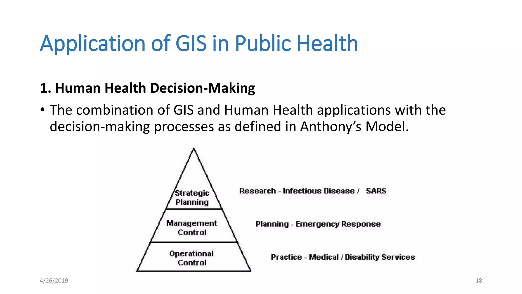 Application of GIS in Public Health
1. Human Health Decision-Making
• The combination of GIS and Human Health applications with the
decision-making processes as defined in Anthony’s Model.
4/26/2019 18
 