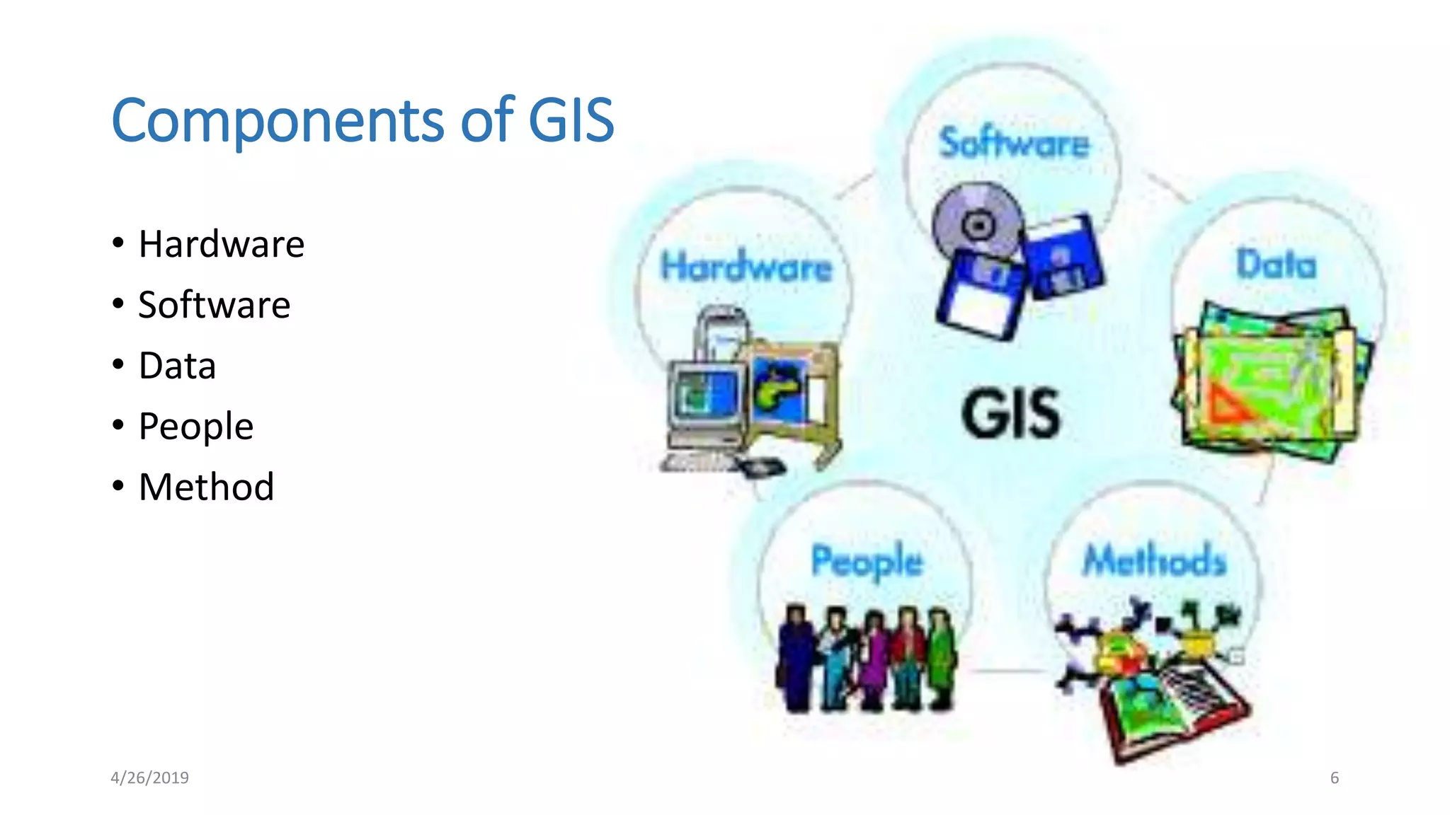 Components of GIS
• Hardware
• Software
• Data
• People
• Method
4/26/2019 6
 