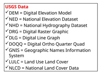 USGS Data
DEM = Digital Elevation Model
NED = National Elevation Dataset
NHD = National Hydrography Dataset
DRG = Digital Raster Graphic
DLG = Digital Line Graph
DOQQ = Digital Ortho Quarter Quad
GNIS = Geographic Names Information
System
LULC = Land Use Land Cover
NLCD = National Land Cover Data
 