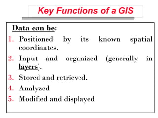 Data can be:
1. Positioned by its known spatial
coordinates.
2. Input and organized (generally in
layers).
3. Stored and retrieved.
4. Analyzed
5. Modified and displayed
Key Functions of a GIS
 