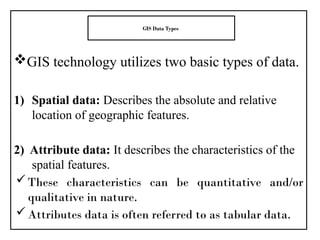 GIS technology utilizes two basic types of data.
1) Spatial data: Describes the absolute and relative
location of geographic features.
2) Attribute data: It describes the characteristics of the
spatial features.
These characteristics can be quantitative and/or
qualitative in nature.
Attributes data is often referred to as tabular data.
GIS Data Types
 