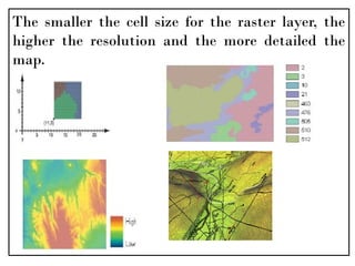 The smaller the cell size for the raster layer, the
higher the resolution and the more detailed the
map.
 