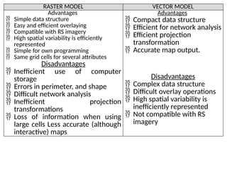RASTER MODEL VECTOR MODEL
Advantages
 Simple data structure
 Easy and efficient overlaying
 Compatible with RS imagery
 High spatial variability is efficiently
represented
 Simple for own programming
 Same grid cells for several attributes
Disadvantages
 Inefficient use of computer
storage
 Errors in perimeter, and shape
 Difficult network analysis
 Inefficient projection
transformations
 Loss of information when using
large cells Less accurate (although
interactive) maps
Advantages
 Compact data structure
 Efficient for network analysis
 Efficient projection
transformation
 Accurate map output.
Disadvantages
 Complex data structure
 Difficult overlay operations
 High spatial variability is
inefficiently represented
 Not compatible with RS
imagery
 