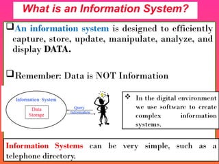An information system is designed to efficiently
capture, store, update, manipulate, analyze, and
display DATA.
Remember: Data is NOT Information
What is an Information System?
Information Systems can be very simple, such as a
telephone directory.
 In the digital environment
we use software to create
complex information
systems.
 