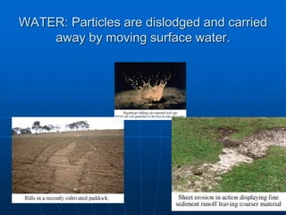 WATER: Particles are dislodged and carried
away by moving surface water.
 