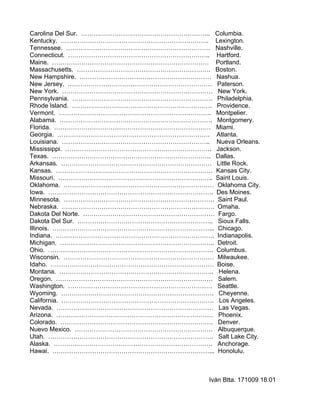 Carolina Del Sur. …………………………………………………….. Columbia.
Kentucky. …………………………………………………………….. Lexington.
Tennessee. …………………………………………………………… Nashville.
Connecticut. ………………………………………………………….. Hartford.
Maine. ………………………………………………………………… Portland.
Massachusetts. ………………………………………………………. Boston.
New Hampshire. ……………………………………………………… Nashua.
New Jersey. …………………………………………………………… Paterson.
New York. ……………………………………………………………… New York.
Pennsylvania. …………………………………………………………. Philadelphia.
Rhode Island. …………………………………………………………. Providence.
Vermont. ………………………………………………………………. Montpelier.
Alabama. ………………………………………………………………. Montgomery.
Florida. ………………………………………………………………… Miami.
Georgia. ………………………………………………………………. Atlanta.
Louisiana. …………………………………………………………….. Nueva Orleans.
Mississippi. ……………………………………………………………. Jackson.
Texas. …………………………………………………………………. Dallas.
Arkansas. ……………………………………………………………… Little Rock.
Kansas. ………………………………………………………………… Kansas City.
Missouri. ……………………………………………………………….. Saint Louis.
Oklahoma. ……………………………………………………………… Oklahoma City.
Iowa. ……………………………………………………………………. Des Moines.
Minnesota. ……………………………………………………………… Saint Paul.
Nebraska. ………………………………………………………………. Omaha.
Dakota Del Norte. ……………………………………………………… Fargo.
Dakota Del Sur. ……………………………………………………….. Sioux Falls.
Illinois. …………………………………………………………………... Chicago.
Indiana. …………………………………………………………………. Indianapolis.
Michigan. ……………………………………………………………….. Detroit.
Ohio. ……………………………………………………………………. Columbus.
Wisconsin. ……………………………………………………………… Milwaukee.
Idaho. …………………………………………………………………… Boise.
Montana. ……………………………………………………………….. Helena.
Oregon. ………………………………………………………………… Salem.
Washington. …………………………………………………………… Seattle.
Wyoming. ………………………………………………………………. Cheyenne.
California. ………………………………………………………………. Los Angeles.
Nevada. ………………………………………………………………… Las Vegas.
Arizona. ………………………………………………………………… Phoenix.
Colorado. ………………………………………………………………. Denver.
Nuevo Mexico. ………………………………………………………… Albuquerque.
Utah. ……………………………………………………………………. Salt Lake City.
Alaska. …………………………………………………………………. Anchorage.
Hawai. …………………………………………………………………... Honolulu.



                                        Iván Btta. 171009 18:01
 