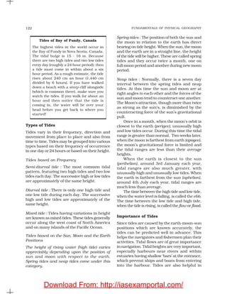 FUNDAMENTALS OF PHYSICAL GEOGRAPHY122
Tides of Bay of Fundy, Canada
The highest tides in the world occur in
the Bay of Fundy in Nova Scotia, Canada.
The tidal bulge is 15 - 16 m. Because
there are two high tides and two low tides
every day (roughly a 24 hour period); then
a tide must come in within about a six
hour period. As a rough estimate, the tide
rises about 240 cm an hour (1,440 cm
divided by 6 hours). If you have walked
down a beach with a steep cliff alongside
(which is common there), make sure you
watch the tides. If you walk for about an
hour and then notice that the tide is
coming in, the water will be over your
head before you get back to where you
started!
Types of Tides
Tides vary in their frequency, direction and
movement from place to place and also from
time to time. Tides may be grouped into various
types based on their frequency of occurrence
in one day or 24 hours or based on their height.
Tides based on Frequency
Semi-diurnal tide : The most common tidal
pattern, featuring two high tides and two low
tides each day. The successive high or low tides
are approximately of the same height.
Diurnal tide : There is only one high tide and
one low tide during each day. The successive
high and low tides are approximately of the
same height.
Mixed tide : Tides having variations in height
are known as mixed tides. These tides generally
occur along the west coast of North America
and on many islands of the Pacific Ocean.
Tides based on the Sun, Moon and the Earth
Positions
The height of rising water (high tide) varies
appreciably depending upon the position of
sun and moon with respect to the earth.
Spring tides and neap tides come under this
category.
Spring tides : The position of both the sun and
the moon in relation to the earth has direct
bearing on tide height. When the sun, the moon
and the earth are in a straight line, the height
of the tide will be higher. These are called spring
tides and they occur twice a month, one on
full moon period and another during new moon
period.
Neap tides : Normally, there is a seven day
interval between the spring tides and neap
tides. At this time the sun and moon are at
right angles to each other and the forces of the
sun and moon tend to counteract one another.
The Moon’s attraction, though more than twice
as strong as the sun’s, is diminished by the
counteracting force of the sun’s gravitational
pull.
Once in a month, when the moon’s orbit is
closest to the earth (perigee), unusually high
and low tides occur. During this time the tidal
range is greater than normal. Two weeks later,
when the moon is farthest from earth (apogee),
the moon’s gravitational force is limited and
the tidal ranges are less than their average
heights.
When the earth is closest to the sun
(perihelion), around 3rd January each year,
tidal ranges are also much greater, with
unusually high and unusually low tides. When
the earth is farthest from the sun (aphelion),
around 4th July each year, tidal ranges are
much less than average.
The time between the high tide and low tide,
when the water level is falling, is called the ebb.
The time between the low tide and high tide,
when the tide is rising, is called the flow or flood.
Importance of Tides
Since tides are caused by the earth-moon-sun
positions which are known accurately, the
tides can be predicted well in advance. This
helps the navigators and fishermen plan their
activities. Tidal flows are of great importance
in navigation. Tidal heights are very important,
especially harbours near rivers and within
estuaries having shallow ‘bars’ at the entrance,
which prevent ships and boats from entering
into the harbour. Tides are also helpful in
Download From: http://iasexamportal.com/
 