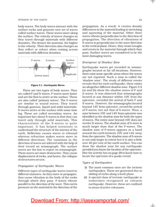 INTERIOR OF THE EARTH 23
body waves. The body waves interact with the
surface rocks and generate new set of waves
called surface waves. These waves move along
the surface. The velocity of waves changes as
they travel through materials with different
densities. The denser the material, the higher
is the velocity. Their direction also changes as
they reflect or refract when coming across
materials with different densities.
propagation. As a result, it creates density
differences in the material leading to stretching
and squeezing of the material. Other three
waves vibrate perpendicular to the direction of
propagation. The direction of vibrations of
S-waves is perpendicular to the wave direction
in the vertical plane. Hence, they create troughs
and crests in the material through which they
pass. Surface waves are considered to be the
most damaging waves.
Emergence of Shadow Zone
Earthquake waves get recorded in seismo-
graphs located at far off locations. However,
there exist some specific areas where the waves
are not reported. Such a zone is called the
‘shadow zone’. The study of different events
reveals that for each earthquake, there exists
an altogether different shadow zone. Figure 3.2
(a) and (b) show the shadow zones of P and
S-waves. It was observed that seismographs
located at any distance within 105°
from the
epicentre, recorded the arrival of both P and
S-waves. However, the seismographs located
beyond 145°
from epicentre, record the arrival
of P-waves, but not that of S-waves. Thus, a
zone between 105°
and 145°
from epicentre was
identified as the shadow zone for both the types
of waves. The entire zone beyond 105°
does not
receive S-waves. The shadow zone of S-wave is
much larger than that of the P-waves. The
shadow zone of P-waves appears as a band
around the earth between 105°
and 145°
away
from the epicentre. The shadow zone of S-waves
is not only larger in extent but it is also a little
over 40 per cent of the earth surface. You can
draw the shadow zone for any earthquake
provided you know the location of the epicentre.
(See the activity box on page 28 to know how to
locate the epicentre of a quake event).
Types of Earthquakes
(i) The most common ones are the tectonic
earthquakes. These are generated due to
sliding of rocks along a fault plane.
(ii) A special class of tectonic earthquake is
sometimes recognised as volcanic
earthquake. However, these are confined
to areas of active volcanoes.
Figure 3.1 : Earthquake Waves
There are two types of body waves. They
are called P and S-waves. P-waves move faster
and are the first to arrive at the surface. These
are also called ‘primary waves’. The P-waves
are similar to sound waves. They travel
through gaseous, liquid and solid materials.
S-waves arrive at the surface with some time
lag. These are called secondary waves. An
important fact about S-waves is that they can
travel only through solid materials. This
characteristic of the S-waves is quite
important. It has helped scientists to
understand the structure of the interior of the
earth. Reflection causes waves to rebound
whereas refraction makes waves move in
different directions. The variations in the
direction of waves are inferred with the help of
their record on seismograph. The surface
waves are the last to report on seismograph.
These waves are more destructive. They cause
displacement of rocks, and hence, the collapse
of structures occurs.
Propagation of Earthquake Waves
Different types of earthquake waves travel in
different manners. As they move or propagate,
they cause vibration in the body of the rocks
through which they pass. P-waves vibrate
parallel to the direction of the wave. This exerts
pressure on the material in the direction of the
Download From: http://iasexamportal.com/
 