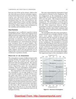 COMPOSITION AND STRUCTURE OF ATMOSPHERE 77
four per cent of the air by volume, while in the
dry and cold areas of desert and polar regions,
it may be less than one per cent of the air. Water
vapour also decreases from the equator
towards the poles. It also absorbs parts of the
insolation from the sun and preserves the
earth’s radiated heat. It thus, acts like a blanket
allowing the earth neither to become too cold
nor too hot. Water vapour also contributes to
the stability and instability in the air.
Dust Particles
Atmosphere has a sufficient capacity to keep
small solid particles, which may originate from
different sources and include sea salts, fine soil,
smoke-soot, ash, pollen, dust and disintegrated
particles of meteors. Dust particles are
generally concentrated in the lower layers of
the atmosphere; yet, convectional air currents
may transport them to great heights. The
higher concentration of dust particles is found
in subtropical and temperate regions due to
dry winds in comparison to equatorial and
polar regions. Dust and salt particles act as
hygroscopic nuclei around which water vapour
condenses to produce clouds.
STRUCTURE OF THE ATMOSPHERE
The atmosphere consists of different layers with
varying density and temperature. Density is
highest near the surface of the earth and
decreases with increasing altitude. The column
of atmosphere is divided into five different
layers depending upon the temperature
condition. They are: troposphere, stratosphere,
mesosphere, ionosphere and exosphere.
The troposphere is the lowermost layer of
the atmosphere. Its average height is 13 km
and extends roughly to a height of 8 km near
the poles and about 18 km at the equator.
Thickness of the troposphere is greatest at the
equator because heat is transported to great
heights by strong convectional currents. This
layer contains dust particles and water vapour.
All changes in climate and weather take place
in this layer. The temperature in this layer
decreases at the rate of 1°
C for every 165m of
height. This is the most important layer for all
biological activity.
The zone separating the tropsophere from
stratosphere is known as the tropopause. The
air temperature at the tropopause is about
minus 800
C over the equator and about minus
45o
C over the poles. The temperature here is
nearly constant, and hence, it is called the
tropopause. The stratosphere is found above
the tropopause and extends up to a height of
50 km. One important feature of the
stratosphere is that it contains the ozone layer.
This layer absorbs ultra-violet radiation and
shields life on the earth from intense, harmful
form of energy.
The mesosphere lies above the stratosphere,
which extends up to a height of 80 km. In this
layer, once again, temperature starts
decreasing with the increase in altitude and
reaches up to minus 100°
C at the height of 80
km. The upper limit of mesosphere is known
as the mesopause. The ionosphere is located
between 80 and 400 km above the mesopause.
It contains electrically charged particles known
as ions, and hence, it is known as ionosphere.
Radio waves transmitted from the earth are
reflected back to the earth by this layer.
Temperature here starts increasing with height.
The uppermost layer of the atmosphere above
Figure 8.1 : Structure of atmosphere
Download From: http://iasexamportal.com/
 