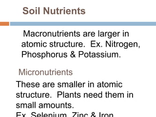 Soil Nutrients

 Macronutrients are larger in
 atomic structure. Ex. Nitrogen,
 Phosphorus & Potassium.

 Micronutrients
These are smaller in atomic
structure. Plants need them in
small amounts.
 
