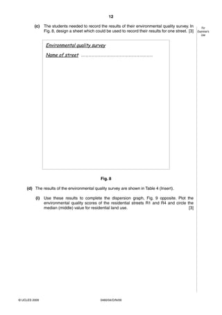 12
0460/04/O/N/09© UCLES 2009
For
Examiner’s
Use
(c) The students needed to record the results of their environmental quality survey. In
Fig. 8, design a sheet which could be used to record their results for one street. [3]
Environmental quality survey
Name of street …………………………………………
Fig. 8
(d) The results of the environmental quality survey are shown in Table 4 (Insert).
(i) Use these results to complete the dispersion graph, Fig. 9 opposite. Plot the
environmental quality scores of the residential streets R1 and R4 and circle the
median (middle) value for residential land use. [3]
 