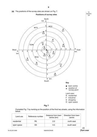 9
0460/04/O/N/09© UCLES 2009 [Turn over
For
Examiner’s
Use
(a) The positions of the survey sites are shown on Fig. 7.
1
1
2
3
4
5
6
1
2
3
4 O1
F1
F5
F2
R3
R4
R2
F3
O4
S1
S2
R1
S4
S3
S5
O2
O3
F4
5
6
North
Positions of survey sites
South
Key
town centre
position of
survey point
Land uses:
R residential
F industrial
S shopping
O open space
EastWest
km
km
km
km
2 3 4 5 6
123456
Fig. 7
Complete Fig. 7 by marking on the position of the final two streets, using the information
below.
Land use Reference number
Distance from town
centre (km)
Direction from town
centre
residential R5 2.0 north east
open space O5 4.5 south west
[2]
 