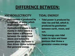 DIFFERENCE BETWEEN:
HYDROELECTRICITY

TIDAL ENERGY

• Hydropower is produced by
a reservoir of water which
depends on rainfall
• Hydroelectric power is built
mainly in rivers where a
dam makes a difference
between the water-level
above and below the
power-plant, the water is
then driven threw turbines
that generate energy.

• Tidal power is produced by
tidal rise and fall, which is
produced by gravitation
between earth, moon, and
sun.
• Tidal energy uses tidal
water to raise and lower
pontoon that threw a
generator creates energy.

 