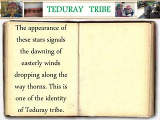 The appearance of
these stars signals
the dawning of
easterly winds
dropping along the
way thorns. This is
one of the identity
of Teduray tribe.
 