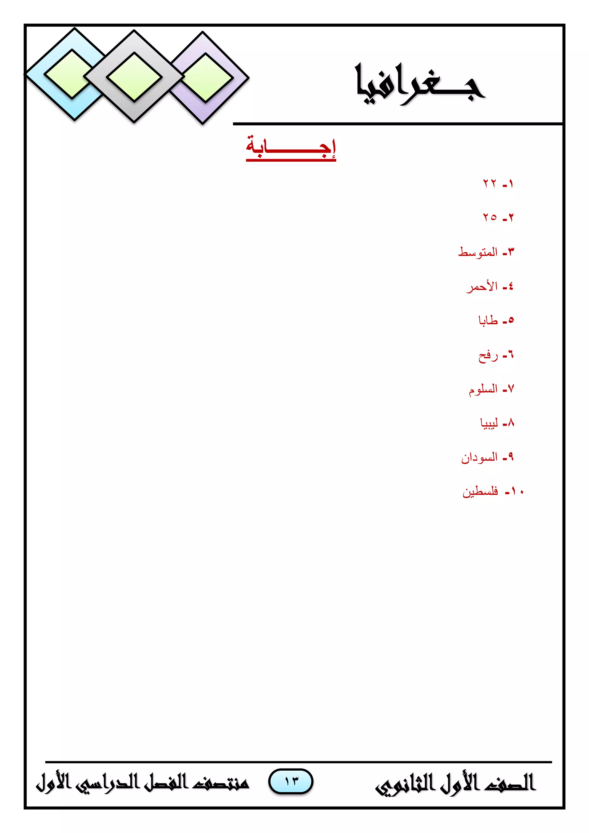 13
‫إجــــــــــابة‬
1-22
2-25
3-‫المتوسط‬
4-‫األحمر‬
5-‫طابا‬
6-‫رفح‬
7-‫السلوم‬
8-‫ليبيا‬
9-‫السودان‬
11-‫فلسطين‬
 