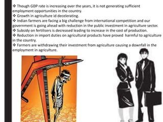  Though GDP rate is increasing over the years, it is not generating sufficient
employment opportunities in the country.
 Growth in agriculture id decelerating.
 Indian farmers are facing a big challenge from international competition and our
government is going ahead with reduction in the public investment in agriculture sector.
 Subsidy on fertilisers is decreased leading to increase in the cost of production.
 Reduction in import duties on agricultural products have proved harmful to agriculture
in the country.
 Farmers are withdrawing their investment from agriculture causing a downfall in the
employment in agriculture.
 