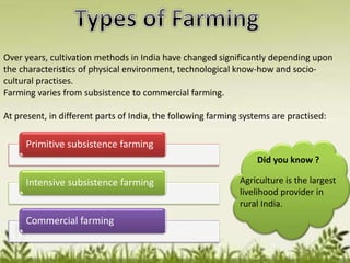 Over years, cultivation methods in India have changed significantly depending upon
the characteristics of physical environment, technological know-how and socio-
cultural practises.
Farming varies from subsistence to commercial farming.
At present, in different parts of India, the following farming systems are practised:
Primitive subsistence farming
Intensive subsistence farming
Commercial farming
Did you know ?
Agriculture is the largest
livelihood provider in
rural India.
 