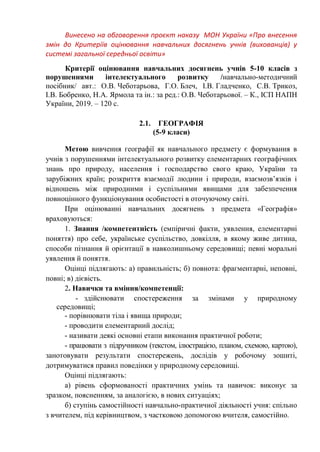 Винесено на обговорення проєкт наказу МОН України «Про внесення
змін до Критеріїв оцінювання навчальних досягнень учнів (вихованців) у
системі загальної середньої освіти»
Критерії оцінювання навчальних досягнень учнів 5-10 класів з
порушеннями інтелектуального розвитку /навчально-методичний
посібник/ авт.: О.В. Чеботарьова, Г.О. Блеч, І.В. Гладченко, С.В. Трикоз,
І.В. Бобренко, Н.А. Ярмола та ін.: за ред.: О.В. Чеботарьової. – К., ІСП НАПН
України, 2019. – 120 с.
2.1. ГЕОГРАФІЯ
(5-9 класи)
Метою вивчення географії як навчального предмету є формування в
учнів з порушеннями інтелектуального розвитку елементарних географічних
знань про природу, населення і господарство свого краю, України та
зарубіжних країн; розкриття взаємодії людини і природи, взаємозв’язків і
відношень між природними і суспільними явищами для забезпечення
повноцінного функціонування особистості в оточуючому світі.
При оцінюванні навчальних досягнень з предмета «Географія»
враховуються:
1. Знання /компетентність (емпіричні факти, уявлення, елементарні
поняття) про себе, українське суспільство, довкілля, в якому живе дитина,
способи пізнання й орієнтації в навколишньому середовищі; певні моральні
уявлення й поняття.
Оцінці підлягають: а) правильність; б) повнота: фрагментарні, неповні,
повні; в) дієвість.
2. Навички та вміння/компетенції:
- здійснювати спостереження за змінами у природному
середовищі;
- порівнювати тіла і явища природи;
- проводити елементарний дослід;
- називати деякі основні етапи виконання практичної роботи;
- працювати з підручником (текстом, ілюстрацією, планом, схемою, картою),
занотовувати результати спостережень, дослідів у робочому зошиті,
дотримуватися правил поведінки у природному середовищі.
Оцінці підлягають:
а) рівень сформованості практичних умінь та навичок: виконує за
зразком, поясненням, за аналогією, в нових ситуаціях;
б) ступінь самостійності навчально-практичної діяльності учня: спільно
з вчителем, під керівництвом, з частковою допомогою вчителя, самостійно.
 