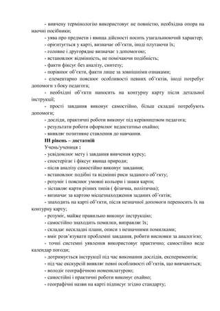 - вивчену термінологію використовує не повністю, необхідна опора на
наочні посібники;
- уява про предмети і явища дійсності носить узагальнюючий характер;
- орієнтується у карті, визначає об’єкти, іноді плутаючи їх;
- головне і другорядне визначає з допомогою;
- встановлює відмінність, не помічаючи подібність;
- факти фіксує без аналізу, синтезу;
- порівнює об’єкти, факти лише за зовнішніми ознаками;
- елементарно пояснює особливості певних об’єктів, іноді потребує
допомоги з боку педагога;
- необхідні об’єкти наносить на контурну карту після детальної
інструкції;
- прості завдання виконує самостійно, більш складні потребують
допомоги;
- досліди, практичні роботи виконує під керівництвом педагога;
- результати роботи оформлює недостатньо охайно;
- виявляє позитивне ставлення до навчання.
ІІІ рівень – достатній
Учень/учениця :
- усвідомлює мету і завдання вивчення курсу;
- спостерігає і фіксує явища природи;
- після аналізу самостійно виконує завдання;
- встановлює подібні та відмінні риси заданого об’єкту;
- розуміє і пояснює умовні кольори і знаки карти;
- зіставляє карти різних типів ( фізична, політична);
- визначає за картою місцезнаходження заданих об’єктів;
- знаходить на карті об’єкти, після незначної допомоги переносить їх на
контурну карту;
- розуміє, майже правильно виконує інструкцію;
- самостійно знаходить помилки, виправляє їх;
- складає нескладні плани, описи з незначними помилками;
- вміє розв’язувати проблемні завдання, робити висновки за аналогією;
- точні системні уявлення використовує практично; самостійно веде
календар погоди;
- дотримується інструкції під час виконання дослідів, експериментів;
- під час екскурсій виявляє певні особливості об’єктів, що вивчаються;
- володіє географічною номенклатурою;
- самостійні і практичні роботи виконує охайно;
- географічні назви на карті підписує згідно стандарту;
 