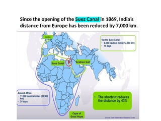 Since the opening of the Suez Canal in 1869, India’s
distance from Europe has been reduced by 7,000 km.
 