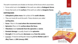 12The earth movements are divided on the basis of the forces which cause them.
• Forces which act in the interior of the earth are called as Endogenic forces
• Forces that work on the surface of the earth are called as Exogenic forces
EARTHQUAKES
• Lithospheric plates move, the surface of the earth vibrates.
• They can travel all round the earth. These vibrations are called
earthquakes.
• Focus : Place in the crust where the movement starts .
• Epicentre :Place on the surface above the focus.
• Vibrations travel outwards from the epicentre as waves.
• Greatest damage is usually closest to the epicentre
• Strength of the earthquake decreases away from the centre.
• Example: A massive earthquake measuring 6.9 on Richter scale hit
Bhuj Town on 26th January 2001.
 
