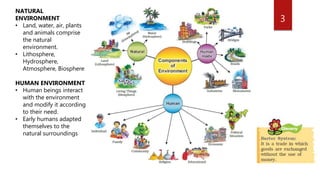 3
NATURAL
ENVIRONMENT
• Land, water, air, plants
and animals comprise
the natural
environment.
• Lithosphere,
Hydrosphere,
Atmosphere, Biosphere
HUMAN ENVIRONMENT
• Human beings interact
with the environment
and modify it according
to their need.
• Early humans adapted
themselves to the
natural surroundings
 