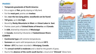 42
PRAIRIES
• Temperate grasslands of North America
• It is a region of flat, gently sloping or hilly land.
• For the most part, prairies are treeless
• But, near the low lying plains, woodlands can be found.
• Tall grass, up to 2m high.
• Bound by Rocky Mountains in West and Great Lakes in East.
• Prairies cover parts of United States of America and Canada.
• In USA, drained by tributaries of Mississippi
• In Canada, drained by tributaries of Saskatchewan Rivers.
CLIMATE
• Continental type with extreme temperatures.
• Summers are warm with temperatures of around 20°C,
• Winter -20°C has been recorded in Winnipeg, Canada.
• The annual rainfall is moderate and is ideal for the growth of grass.
• Due to the absence of the north-south barrier, a local wind “Chinook” blows here.
 