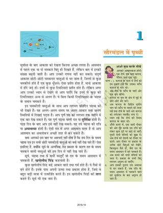 lkSjeaMy esa i`Foh
Lkw;kZLr osQ ckn vkdk'k dks ns[kuk fdruk vPNk yxrk gSA vkleku
esa igys ,d ;k nks pedrs fcanq gh fn[krs gSa] ysfdu ckn esa budh
la[;k c<+rh tkrh gSA vki mudh x.kuk ugha dj ldrsA laiw.kZ
vkdk'k NksVh&NksVh pednkj oLrqvksa ls Hkj tkrk gS] ftuesa ls oqQN
pedhys gksrs gSa ,oa oqQN èkq¡èkysA ,slk izrhr gksrk gS] ekuks vkdk'k
esa ghjs tM+s gksaA buesa ls oqQN fVefVekrs izrhr gksrs gSaA ysfdu vxj
vki mudks è;ku ls ns[ksaxs rks vki ik,¡xs fd buesa ls oqQN dh
fVefVekgV vU; ls vyx gSA ;s fcuk fdlh fVefVekgV osQ panzek
osQ leku pedrs gSaA
bu pedhyh oLrqvksa osQ lkFk vki yxHkx izfrfnu panzek dks
Hkh ns[krs gSaA ;g vyx&vyx le; ij vyx vkdkj rFkk vyx
fLFkfr;ksa esa fn[kkbZ IkM+rk gSA vki iw.kZ panz dks yxHkx ,d eghus esa
,d ckj ns[k ldrs gSaA ;g iw.kZ panzek okyh jkr ;k iwf.kZek gksrh gSA
ianzg fnu osQ ckn vki bls ugha ns[k ldrsA ;g u;s panzek dh jkf=k
;k vekoL;k gksrh gSA ,slh jkr esa vxj vkleku lkI+kQ gS rks vki
vkleku dk voyksdu vPNh rjg ls dj ldrs gSaA
D;k vkidks bl ckr ij vk'p;Z ugha gksrk gS fd ge fnu osQ le;
panzek ,oa bu lHkh NksVh pedhyh oLrqvksa dks D;ksa ugha ns[k ikrs gSa ,slk
blfy, gS] D;ksafd lw;Z osQ vR;fèkd rs”k izdk'k osQ dkj.k jkr osQ le;
pedus okyh oLrqvksa dks ge fnu esa ugha ns[k ikrs gSaA
Lkw;Z] panzek rFkk os lHkh oLrq,¡ tks jkr osQ le; vkleku esas
pedrh gSa] [kxksyh; fiaM dgykrh gSaA
oqQN [kxksyh; fiaM cM+s vkdkj okys rFkk xeZ gksrs gSaA ;s xSlksa ls
cus gksrs gSaA buosQ ikl viuh Å"ek rFkk izdk'k gksrk gS] ftls os
cgqr cM+h ek=kk esa mRlftZr djrs gSaA bu [kxksyh; fiaMksa dks rkjk
dgrs gSaA lw;Z Hkh ,d rkjk gSA
1
1
vkvks oqQN djosQ lh[ksa
vkidks vko';drk gksxh%
,d VWkpZ] ,d lknk dkx”k]
isafly rFkk ,d lqbZA
pj.k % 1- dkx”k osQ eè; esa VWkpZ dks
bl izdkj j[ksa fd mldk dk¡p
dkx”k ls lVk jgsA
2- vc VWkpZ osQ dk¡p osQ pkjksa vksj
,d o`Ùk [khapsaA
3- dkx”k ij o`Ùk osQ {ks=k esa lqbZ ls
NksVs&NksVs Nsn djasA
4- vc dkx”k osQ fNfnzr o`Ùkh;
Hkkx dks dk¡p ij lkeus dh rjI+kQ
j[ksa rFkk VkWpZ osQ pkjksa vksj dkx”k
dks yisVdj jcjcSaM yxk nasA
5- è;ku j[kas fd VWkpZ dh fLop
dkx”k osQ ckgj jgsA
6- v¡èksjs dejs esa] ,d lknh nhokj
dh vksj eq¡g djosQ bl VkWpZ dks
ysdj oqQN nwjh ij [kM+s gks tk,¡A
nwljh lHkh cfÙk;ksa dks cq>k nsaA
vc VWkpZ dh jks'kuh dks nhokj ij
MkyasA vki nhokj ij izdk'k osQ
vusd NksVs fcanqvksa dks ns[kasxs]
fcyoqQy oSls gh] tSls jkr osQ
le; vkleku esa rkjs pedrs gSaA
7- vc dejs dh lHkh cfÙk;ksa dks
tyk nasA izdk'k osQ lHkh fcanq
yxHkx vn`'; gks tk,¡xsA
8- vki bldh rqyuk ml voLFkk
ls dj ldrs gSa] tc jkf=k osQ
le; vkleku esa pedus okys
rkjs lw;ksZn; osQ ckn vn`'; gks
tkrs gSaA
cq/
'kfu
c`gLifr
usIP;wu
eaxy
i`Foh
'kqØ
;wjsul
IywVks
2018-19
 