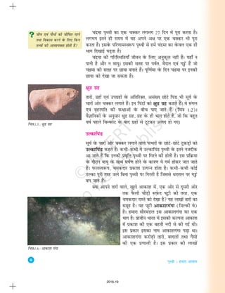 6
i`Foh % gekjk vkokl
panzek i`Foh dk ,d pDdj yxHkx 27 fnu esa iwjk djrk gSA
yxHkx brus gh le; esa ;g vius v{k ij ,d pDdj Hkh iwjk
djrk gSA blosQ ifj.kkeLo:Ik i`Foh ls gesa panzek dk osQoy ,d gh
Hkkx fn[kkbZ iM+rk gSA
panzek dh ifjfLFkfr;k¡ thou osQ fy, vuqdwy ugha gSaA ;gk¡ u
ikuh gS vkSj u ok;qA bldh lrg ij ioZr] eSnku ,oa xîôs gSa tks
panzek dh lrg ij Nk;k cukrs gSaA iwf.kZek osQ fnu panzek ij budh
Nk;k dks ns[kk tk ldrk gSA
{kqnz xzg
rkjksa] xzgksa ,oa mixzgksa osQ vfrfjDr] vla[; NksVs fiaM Hkh lw;Z osQ
pkjksa vksj pDdj yxkrs gSaA bu fiaMksa dks {kqnz xzg dgrs gSaA ;s eaxy
,oa c`gLifr dh d{kkvksa osQ chp ik, tkrs gSa (fp=k 1-2)A
oSKkfudksa osQ vuqlkj {kqnz xzg] xzg osQ gh Hkkx gksrs gSa] tks fd cgqr
o"kZ igys foLiQksV osQ ckn xzgksa ls VwVdj vyx gks x,A
mYdkfiaM
lw;Z osQ pkjksa vksj pDdj yxkus okys iRFkjksa osQ NksVs&NksVs VqdM+ksa dks
mYdkfiaM dgrs gSaA dHkh&dHkh ;s mYdkfiaM i`Foh osQ brus utnhd
vk tkrs gSa fd budh izo`fÙk i`Foh ij fxjus dh gksrh gSA bl izfØ;k
osQ nkSjku ok;q osQ lkFk ?k"kZ.k gksus osQ dkj.k ;s xeZ gksdj ty tkrs
gSaA iQyLo:i] pednkj izdk'k mRiUu gksrk gSA dHkh&dHkh dksbZ
mYdk iwjh rjg tys fcuk i`Foh ij fxjrh gS ftlls èkjkry ij xîôs
cu tkrs gSaA
D;k vkius rkjksa okys] [kqys vkdk'k esa] ,d vksj ls nwljh vksj
rd iSQyh pkSM+h lI+ksQn iêðh dh rjg] ,d
pednkj jkLrs dks ns[kk gS ;g yk[kksa rkjksa dk
lewg gSA ;g iêðh vkdk'kxaxk (feYdh os)
gSA gekjk lkSjeaMy bl vkdk'kxaxk dk ,d
Hkkx gSA izkphu Hkkjr esa bldh dYiuk vkdk'k
esa izdk'k dh ,d cgrh unh ls dh xbZ FkhA
bl izdkj bldk uke vkdk'kxaxk iM+k FkkA
vkdk'kxaxk djksM+ksa rkjksa] cknyksa rFkk xSlksa
dh ,d iz.kkyh gSA bl izdkj dh yk[kksa
fp=k 1.5 : {kqnz xzg
fp=k 1.6 : vkdk'k xaxk
tho ,oa ikSèkksa dks thfor jgus
rFkk fodkl djus osQ fy, fdu
rÙoksa dh vko';Drk gksrh gS
?
?
2018-19
 