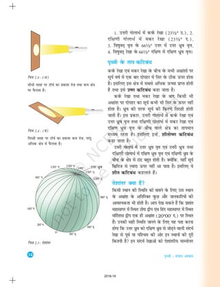 12
i`Foh % gekjk vkokl
fp=k 2.4 : (c)
frjNh lrg ij VkWpZ dk izdk'k de rs”k] ijarq
vfèkd {ks=k esa iSQyrk gSA
fp=k 2.5 : ns'kkarj
fp=k 2.4 : (v)
lhèkh lrg ij VkWpZ dk izdk'k rs”k rFkk de {ks=k
ij iSQyrk gSA
1- mÙkjh xksykèkZ esa doZQ js[kk (23½° m-)] 2-
nf{k.kh xksykèkZ esa edj js[kk (23½° n-)]
3- fo"kqor~ o`Ùk osQ 66½° mÙkj esa mÙkj /qzo o`Ùk]
4- fo"kqor~ js[kk osQ 66½° nf{k.k esa nf{k.k /qzo o`ÙkA
i`Foh osQ rki dfVcaèk
doZQ js[kk ,oa edj js[kk osQ chp osQ lHkh v{kka'kksa ij
lw;Z o"kZ esa ,d ckj nksigj esa flj osQ Bhd Åij gksrk
gSA blfy, bl {ks=k esa lcls vfèkd mQ"ek izkIr gksrh
gS rFkk bls m".k dfVcaèk dgk tkrk gSA
doZQ js[kk rFkk edj js[kk osQ ckn fdlh Hkh
v{kka'k ij nksigj dk lw;Z dHkh Hkh flj osQ Åij ugha
gksrk gSA èkzqo dh rjiQ lw;Z dh fdj.ksa frjNh gksrh
tkrh gSaA bl izdkj] mÙkjh xksykèkZ esa doZQ js[kk ,oa
mÙkj /qzo o`Ùk rFkk nf{k.kh xksykèkZ esa edj js[kk ,oa
nf{k.k /qzo o`Ùk osQ chp okys {ks=k dk rkieku
eè;e jgrk gSA blfy, bUgsa] 'khrks".k dfVcaèk
dgk tkrk gSA
mÙkjh xksykèkZ esa mÙkj /qzo o`Ùk ,oa mÙkjh èkzqo rFkk
nf{k.kh xksykèkZ esa nf{k.k /qzo o`Ùk ,oa nf{k.kh èkzqo osQ
chp osQ {ks=k esa BaM cgqr gksrh gSA D;ksafd] ;gk¡ lw;Z
f{kfrt ls T+;knk Åij ugha vk ikrk gSA blfy, ;s
'khr dfVcaèk dgykrs gSaA
ns'kkarj D;k gSa
fdlh LFkku dh fLFkfr dks crkus osQ fy, ml LFkku
osQ v{kka'k osQ vfrfjDr oqQN vkSj tkudkfj;ksa dh
vko';drk Hkh gksrh gSA vki ns[k ldrs gSa fd iz'kkar
egklkxj esa fLFkr Vksaxk }hi ,ao fgan egklkxj esa fLFkr
ekWjh'kl }hi ,d gh v{kka'k (20°00' n-) ij fLFkr
gSaA mudh lgh fLFkfr tkuus osQ fy, ;g irk djuk
gksxk fd mÙkj èkzqo dks nf{k.k èkzqo ls tksM+us okyh lanHkZ
js[kk ls iwoZ ;k if'pe dh vksj bu LFkkuksa dh nwjh
fdruh gS bu lanHkZ js[kkvksa dks ns'kkarjh; ;kE;ksÙkj
2018-19
 