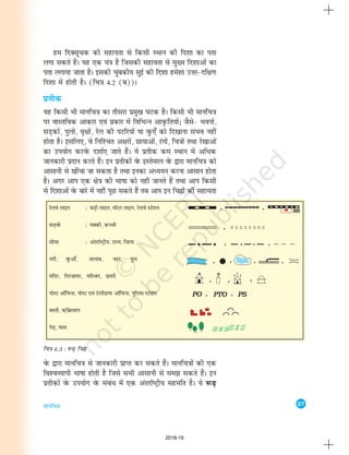 27
ekufp=k
osQ }kjk ekufp=k ls tkudkjh izkIr dj ldrs gSaA ekufp=kksa dh ,d
fo'oO;kih Hkk"kk gksrh gS ftls lHkh vklkuh ls le> ldrs gSaA bu
izrhdksa osQ mi;ksx osQ lacaèk esa ,d varjkZ"Vªh; lgefr gSA ;s :<+
ge fnDlwpd dh lgk;rk ls fdlh LFkku dh fn'kk dk irk
yxk ldrs gSaA ;g ,d ;a=k gS ftldh lgk;rk ls eq[; fn'kkvksa dk
irk yxk;k tkrk gSA bldh pqacdh; lqbZ dh fn'kk ges'kk mÙkj&nf{k.k
fn'kk esa gksrh gSA (fp=k 4-2 (c))A
izrhd
;g fdlh Hkh ekufp=k dk rhljk izeq[k ?kVd gSA fdlh Hkh ekufp=k
ij okLrfod vkdkj ,oa izdkj esa fofHkUu vko`Qfr;ksa_ tSls& Hkouksa]
lM+dksa] iqyksa] o`{kksa] jsy dh iVfj;ksa ;k oqQ,¡ dks fn[kkuk laHko ugha
gksrk gSA blfy,] os fuf'pr v{kjksa] Nk;kvksa] jaxksa] fp=kksa rFkk js[kkvksa
dk mi;ksx djosQ n'kkZ, tkrs gSaA ;s izrhd de LFkku esa vfèkd
tkudkjh iznku djrs gSaA bu izrhdksa osQ bLrseky osQ }kjk ekufp=k dks
vklkuh ls [khapk tk ldrk gS rFkk budk vè;;u djuk vklku gksrk
gSA vxj vki ,d {ks=k dh Hkk"kk dks ugha tkurs gSa rFkk vki fdlh
ls fn'kkvksa osQ ckjs esa ugha iwN ldrs gSa rc vki bu fpÉksa dh lgk;rk
fp=k 4.3 : :<+ fpÉ
2018-19
 