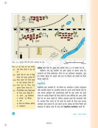 28
i`Foh % gekjk vkokl
fp=k 4.4 : lqanjiqj xk¡o vkSj blosQ vklikl dk {ks=k
fp=k 4-4 dks ns[ksa ,oa irk yxk,¡%
(i) unh fdl fn'kk esa cg jgh
gS
(ii) Mqejh xk¡o osQ ikl ls fdl
izdkj dh lM+d xqtjrh gS
(iii) fdl izdkj dh jsyos ykbu
osQ ikl lqanjiqj fLFkr gS
(iv) jsyos iqy osQ fdl rjiQ
iqfyl LVs'ku fLFkr gS
(v) fuEufyf[kr LFkku jsyos ykbu
osQ fdl rjiQ fLFkr gSa %
d- Nrjh [k- fxjtk?kj
x- rkykc ?k- efLtn
p- unh
N- iksLV ,oa VsyhxzkiQ vkWfiQl
t- dfczLrku
izrhd dgs tkrs gSaA oqQN :<+ izrhd fp=k 4-3 esa n'kkZ, x, gSaA
fofHkUu jaxksa dk mi;ksx Hkh blh mís'; ls fd;k tkrk gSA
mnkgj.k osQ fy, lkekU;r% uhys jax dk bLrseky tyk'k;ksa] Hkwjk
jax ioZrksa] ihyk jax iBkjksa vkSj gjk jax eSnkuksa dks n'kkZus osQ fy,
fd;k tkrk gSA
js[kkfp=k
js[kkfp=k ,d vkjs[k.k gS] tks iSekus ij vkèkkfjr u gksdj ;kn~nk'r
vkSj LFkkuh; izs{k.k ij vkèkkfjr gksrk gSA dHkh&dHkh fdlh {ks=k osQ
,d dPps vkjs[k.k dh vko';drk ogk¡ osQ ,d LFkku dks nwljs
LFkku osQ lkis{k fn[kkus osQ fy, gksrh gSA eku yhft, fd vki vius
fe=k osQ ?kj tkuk pkgrs gSa] ysfdu vkidks jkLrs dh tkudkjh ugha
gSA vkidk fe=k vius ?kj osQ jkLrs dks crkus osQ fy, ,d dPpk
vkjs[k.k cuk ldrk gSA bl izdkj dPps vkjs[k dks fcuk iSekus dh
lgk;rk ls [khapk tkrk gS rFkk bls js[kkfp=k ekufp=k dgrs gSaA
2018-19
 