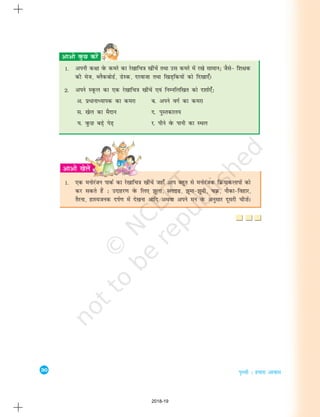 30
i`Foh % gekjk vkokl
1. viuh d{kk osQ dejs dk js[kkfp=k [khapsa rFkk ml dejs esa j[ks lkeku_ tSls& f'k{kd
dh est] CySdcksMZ] MsLd] njoktk rFkk f[kM+fd;ksa dks fn[kk,¡A
2. vius LowQy dk ,d js[kkfp=k [khapsa ,oa fuEufyf[kr dks n'kkZ,¡%
v- izèkkukè;kid dk dejk c- vius oxZ dk dejk
l- [ksy dk eSnku n- iqLrdky;
;- oqQN cM+s isM+ j- ihus osQ ikuh dk LFky
1. ,d euksjatu ikdZ dk js[kkfp=k [khapsa tgk¡ vki cgqr ls euksjatd fØ;kdykiksa dks
dj ldrs gSa % mnkgj.k osQ fy, >wyk] LykbM] >wek&>weh] pØ] ukSdk&fogkj]
rSjuk] gkL;tud niZ.k esa ns[kuk vkfn vFkok vius eu osQ vuqlkj nwljh ph”ksaA
2018-19
 