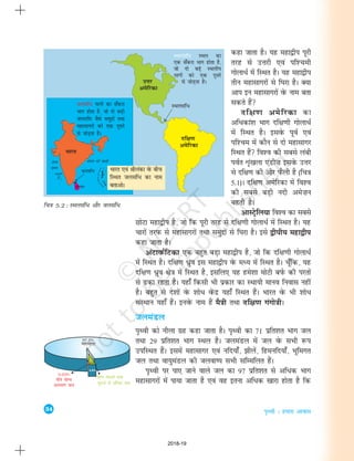 34
i`Foh % gekjk vkokl
dgk tkrk gSA ;g egk}hi iwjh
rjg ls mÙkjh ,oa if'peh
xksykèkZZ esa fLFkr gSA ;g egk}hi
rhu egklkxjksa ls f?kjk gSA D;k
vki bu egklkxjksa osQ uke crk
ldrs gSa
nf{k.k vesfjdk dk
vfèkdka'k Hkkx nf{k.kh xksykèkZZ
esa fLFkr gSA blosQ iwoZ ,oa
if'pe esa dkSu ls nks egklkxj
fLFkr gSa fo'o dh lcls yach
ioZr Ük`a[kyk ,aMh”k blosQ mÙkj
ls nf{k.k dh vksj iQSyh gS (fp=k
5-1)A nf{k.k vesfjdk esa fo'o
dh lcls cM+h unh ves”ku
cgrh gSA
vkLVªsfy;k fo'o dk lcls
NksVk egk}hi gS] tks fd iwjh rjg ls nf{k.kh xksykèkZZ esa fLFkr gSA ;g
pkjksa rjiQ ls egklkxjksa rFkk leqnzksa ls f?kjk gSA bls }hih; egk}hi
dgk tkrk gSA
vaVkoQZfVdk ,d cgqr cM+k egk}hi gS] tks fd nf{k.kh xksykèkZZ
esa fLFkr gSA nf{k.k èkzqo bl egk}hi osQ eè; esa fLFkr gSA p¡wfd] ;g
nf{k.k èkzqo {ks=k esa fLFkr gS] blfy, ;g ges'kk eksVh ciZQ dh ijrksa
ls <dk jgrk gSA ;gk¡ fdlh Hkh izdkj dk LFkk;h ekuo fuokl ugha
gSA cgqr ls ns'kksa osQ 'kksèk osaQnz ;gk¡ fLFkr gSaA Hkkjr osQ Hkh 'kksèk
laLFkku ;gk¡ gSaA buosQ uke gSa eS=kh rFkk nf{k.k xaxks=khA
tyeaMy
Ik`Foh dks uhyk xzg dgk tkrk gSA Ik`Foh dk 71 izfr'kr Hkkx ty
rFkk 29 izfr'kr Hkkx LFky gSA tyeaMy esa ty osQ lHkh :i
mifLFkr gSaA blesa egklkxj ,oa ufn;k¡] >hysa] fgeufn;k¡] Hkwfexr
ty rFkk ok;qeaMy dh tyok"Ik lHkh lfEefyr gSaA
Ik`Foh ij ik, tkus okys ty dk 97 izfr'kr ls vf/d Hkkx
egklkxjksa esa ik;k tkrk gS ,oa og bruk vfèkd [kkjk gksrk gS fd
fp=k 5.2 : LFkylaf/ vkSj tylaf/
Hkkjr ,oa Jhyadk osQ chp
fLFkr tylaf/ dk uke
crkvksA
2018-19
 