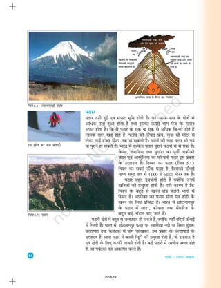 44
i`Foh % gekjk vkokl
iBkj
iBkj mBh gqbZ ,oa likV Hkwfe gksrh gSA ;g vkl&ikl osQ {ks=kksa ls
vf/d mBk gqvk gksrk gS rFkk bldk Åijh Hkkx est osQ leku
likV gksrk gSA fdlh iBkj osQ ,d ;k ,d ls vfèkd fdukjs gksrs gSa
ftuosQ <ky [kM+s gksrs gSaA iBkjksa dh Å¡pkbZ izk;% oqQN lkS ehVj ls
ysdj dbZ gtkj ehVj rd gks ldrh gSA ioZrksa dh rjg iBkj Hkh u;s
;k iqjkus gks ldrs gSaA Hkkjr esa nDdu iBkj iqjkus iBkjksa esa ls ,d gSA
osQU;k] ratkfu;k rFkk ;qxkaMk dk iwohZ vizQhdh
iBkj ,oa vkLVªsfy;k dk if'peh iBkj bl izdkj
osQ mnkgj.k gSaA frCcr dk iBkj (fp=k 5-1)
fo'o dk lcls Å¡pk iBkj gS] ftldh Å¡pkbZ
ekè; leqnz ry ls 4]000 ls 6]000 ehVj rd gSA
iBkj cgqr mi;ksxh gksrs gSa D;ksafd muesa
[kfutksa dh izpqjrk gksrh gSA ;gh dkj.k gS fd
fo'o osQ cgqr ls [kuu {ks=k iBkjh Hkkxksa esa
fLFkr gSaA vizQhdk dk iBkj lksuk ,oa ghjksa osQ
[kuu osQ fy, izfl¼ gSA Hkkjr esa NksVkukxiqj
osQ iBkj esa yksgk] dks;yk rFkk eSaxuht osQ
cgqr cM+s HkaMkj ik, tkrs gSaA
iBkjh {ks=kksa esa cgqr ls tyizikr gks ldrs gSa] D;ksafd ;gk¡ ufn;k¡ Å¡pkbZ
ls fxjrh gSaA Hkkjr esa] NksVkukxiqj iBkj ij Lo.kZjs[kk unh ij fLFkr gqaM:
tyizikr rFkk dukZVd esa tksx tyizikr] bl izdkj osQ tyizikrksa osQ
mnkgj.k gSaA ykok iBkj esa dkyh feêðh dh izpqjrk gksrh gS] tks mitkÅ gS
,oa [ksrh osQ fy, dkiQh vPNh gksrh gSA dbZ iBkjksa esa je.kh; LFky gksrs
gSa] tks i;ZVdksa dks vkd£"kr djrs gSaA
fp=k 6.4 : Tokykeq[kh ioZr
bl [ksy dk uke crk,¡A
fp=k 6.5 : iBkj
2018-19
 